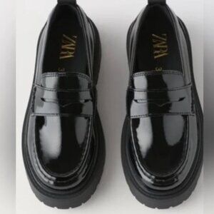 Zara Lug Sole Penny Loafers Black Patent 37 Women's Shoes Flats Work